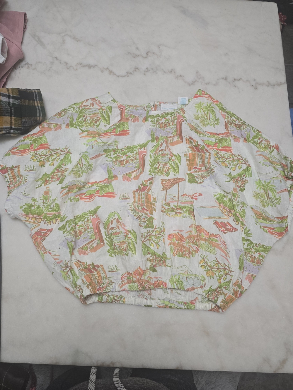 100%Linen Cynthia Rowley White Scenic Floral Square-Neck Top - Picture 2 of 9